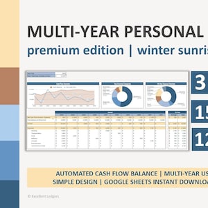 May include: A Google Sheets template for a multi-year personal budget. The template features a winter sunrise color palette and includes 3 monthly, annual, and 10-year dashboards, 15 savings project trackers, and 120 income and expense options. The template is designed for automated cash flow balance and multi-year use.