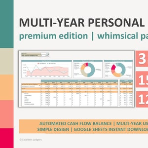 Puede incluir: Un gráfico colorido con el texto "MULTI-YEAR PERSONAL BUDGET" en negrita, en negro. El texto "premium edition | whimsical palette" está debajo del título principal. El gráfico también incluye el texto "3 monthly annual 10-yr DASHBOARDS", "15 savings project TRACKER", y "120 Income expense OPTIONS". El gráfico también incluye el texto "AUTOMATED CASH FLOW BALANCE | MULTI-YEAR USE SIMPLE DESIGN | GOOGLE SHEETS INSTANT DOWNLOAD" y un logotipo de Google Sheets.
