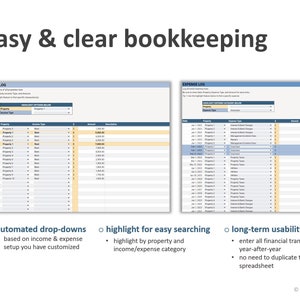 May include: A screenshot of a spreadsheet program showing two tables, one labeled "Income Log" and the other "Expense Log". The tables are used to track income and expenses for multiple properties. The text below the tables describes the features of the program, including automated drop-downs, highlighting for easy searching, and long-term usability.