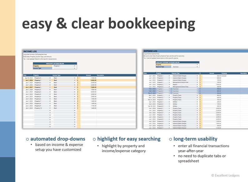 May include: A screenshot of a spreadsheet program showing two tables, one labeled "Income Log" and the other "Expense Log". The tables are used to track income and expenses for multiple properties. The text below the tables describes the features of the program, including automated drop-downs, highlighting for easy searching, and long-term usability.