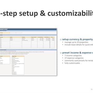 May include: A screenshot of a spreadsheet software program with the text "1-step setup & customizability" at the top. The spreadsheet is used to manage rental properties and includes features such as setting up currency and property details, managing up to 10 properties, including lease details for quick reference, and preset income and expense options.