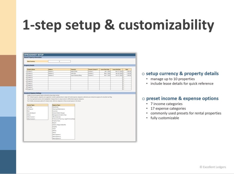 May include: A screenshot of a spreadsheet software program with the text "1-step setup & customizability" at the top. The spreadsheet is used to manage rental properties and includes features such as setting up currency and property details, managing up to 10 properties, including lease details for quick reference, and preset income and expense options.
