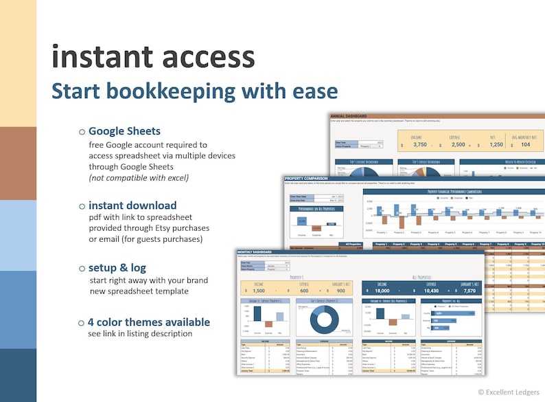 May include: A digital marketing image for a Google Sheets spreadsheet template for bookkeeping. The image shows a blue and brown color scheme with charts and graphs. The text "instant access" and "Start bookkeeping with ease" is displayed in a large font. The image also includes a list of features, including "Google Sheets", "instant download", "setup & log", and "4 color themes available".