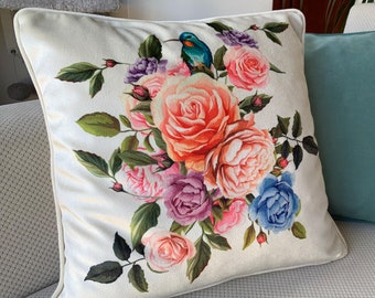 White Decorative Throw Pillow, Floral Cushion Cover Edges Piped, French House Pillow, Rose Flower Throw Pillow, 18x18 20x20 24x24, ANY SIZES