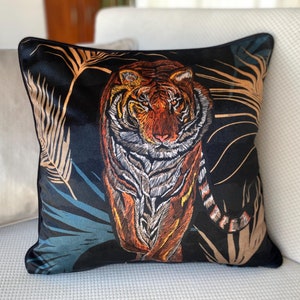 Tiger Velvet Throw Pillow, Tropical Jungle Cushion, Black Animal Print Sofa Pillow, Luxury Velvet Cover, 18x18 20x20 inches, 45x45, ANY SIZE