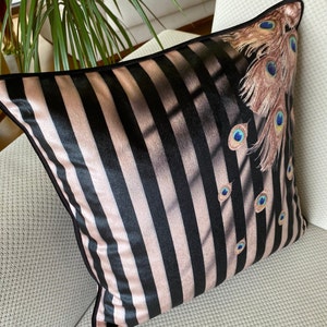 Decorative Velvet Throw Pillow with Piping - Black Striped Velvet cushion cover, Peacock velvet pillow cover, Custom Size, 20x20 18x18 inch