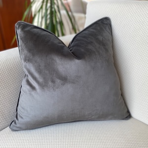 Gray Velvet Cushion Cover, Charcoal Grey Velvet Throw Pillow with Piping, Accent Pillow, Grey Euro Sham, Graphite Velvet Pillow, All Sizes