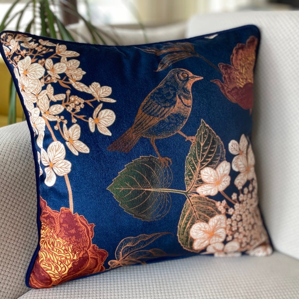 Royal Blue Velvet Throw Pillow Cover with Piping, Blue Floral Sparrow Pattern Cushion Cover, Lumbar Royal Blue Pillow, ALL SIZE