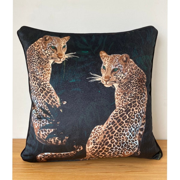 Dark Green Leopard Velvet Throw Pillow with Piping - Animal Themed Velvet cushion cover - Custom Size - 18x18 20x20 inch, 45x45cm throw