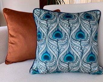 Blue Pattern Velvet Throw Pillow With Piping, Peacock Feather