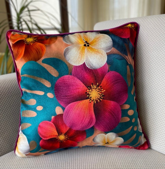 Blumen Samt Dekokissen mit Paspel, Rot Weiß Lila Blumenmuster Weicher Samtkissenbezug, Bunte Samt Dekokissen, JEDE GRÖSSE