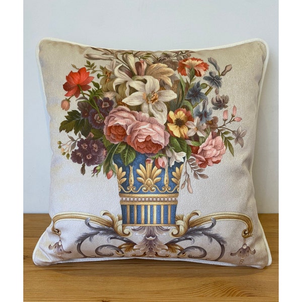 Vintage Velvet Beige Cream Throw Pillow Case, Floral French Country Cushion, Light Cream Cottage Velvet Pillow Case with Piping, ALL SIZES