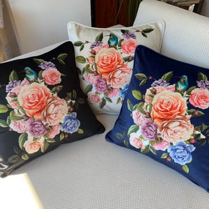 Decorative Velvet Pillow Cover, Velvet Cushion, Black Navy Flower Pattern Throw Pillow, Sofa Pillow, Cottagecore Pillow, ANY SIZE