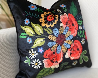 Floral Special Designer Pillow Case, Black Floral Pillow Cover with Piping, Decorative Cushions, Floral Home Design, Custom Size