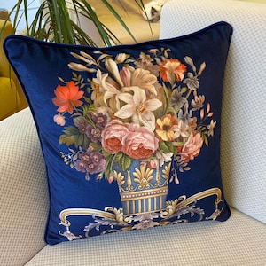 New Vintage Fashion Throw Pillow Cover with piping, Floral Velvet Cushion Cover, Cottage Chic Pillow, French Country Home Decor, ANY SIZES
