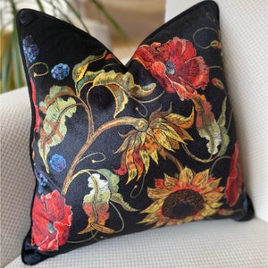 Black Flower Velvet Throw Pillow with Piping, Elegant Cushion Cover, Floral Throw Pillow, Custom Size, 18x18 20x20 inch, 45x45cm