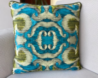 Teal Blue Velvet Pillow Cover With Piping, Ikat Abstract Pattern Throw Pillow, Decorative Cushion For Sofa And Bed, Any Custom Size