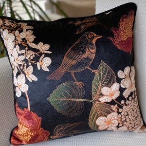 Any Size Black Floral Velvet Throw Pillow, Flower bird pattern Velvet Cushion Cover with piping, Decor Pillow, 18x18 20x20 inch, 45x45 cm