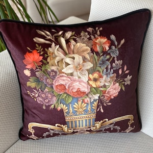 Burgundy Velvet Pillow Cover, Elegant Home Design Pillow, Floral Cushion Cover piped edges, 18x18, 20x20 inch, CUSTOM SIZE & LUMBAR Size