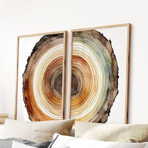 Juego de 2 impresiones de anillos de árboles coloridos, arte abstracto de cobre, arte de pared oxidado, círculos de acuarela zen, juego de pósteres de naturaleza contemporánea, decoración de oficina