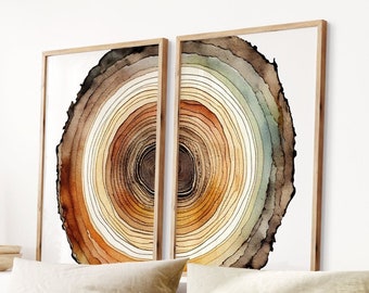 Set of 2 Colorful Tree Ring Prints, Copper Abstract Art, Rust Wall Art, Zen Watercolor Circles, Contemporary Nature Poster Set, Office Decor