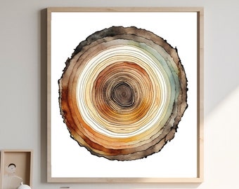 Tree Ring Wall Art,  Large Tree Ring Print, Colorful Abstract Art, Organic Minimalist Decor, Zen Watercolor Print, Contemporary Watercolor