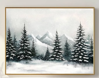 Winter Mountain Watercolor Print: Snowy Evergreen Forest Landscape