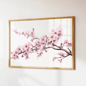 Cherry Blossom Art, Tree Branch Decor, Light Pink Flower Watercolor Branches, Horizontal Japanese Art, Zen Flower Painting, Sakura Flowers
