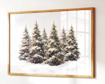 Winter Pine Tree Forest Watercolor Print: Snowy Landscape Art