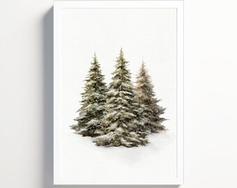 Winter Trees Print, Snowy Tree Landscape, Watercolor Pine Tree Print, Modern Farmhouse Christmas Tree, Minimalist Evergreen Trees Art Print