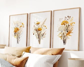 Fall wildflower prints, Set of 3, Yellow Flower Watercolor, Floral Bouquet Watercolor, Boho Fall Floral Decor, Watercolor Art, Fall Artwork