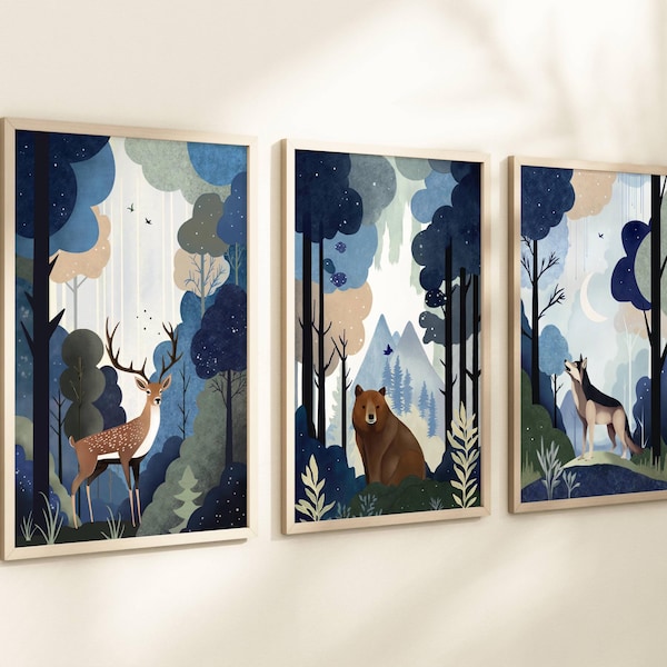 Woodland Nursery Prints: Blue & Green Forest Animals - Set of 3