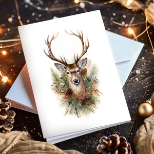 Tarjeta de Navidad personalizada, vacaciones modernas, criaturas del bosque, tarjeta de ciervo de Navidad nórdica vertical, rústico, solsticio, tarjeta plegada personalizada