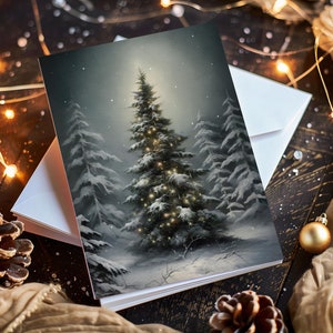 Paquete de tarjetas de Navidad personalizadas, conjunto de tarjetas de felicitación, árbol de Navidad cambiante, arte navideño, país de las maravillas de invierno, solsticio, tarjeta plegada personalizada