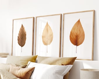 May include: Three framed prints of brown leaves on a white wall above a bed with a beige duvet cover and pillows. The bed is made with a white and gray patterned throw blanket.
