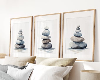 Zen Wall Art, Set of Three Balancing Stones, Spa Wall Art, Beach Rock Painting, Yoga Studio Decor, Calm Peaceful Spa Bathroom Decor Triptych