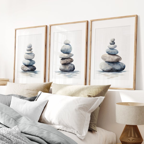 Zen Wall Art, Set of Three Balancing Stones, Spa Wall Art, Beach Rock Painting, Yoga Studio Decor, Calm Peaceful Spa Bathroom Decor Triptych
