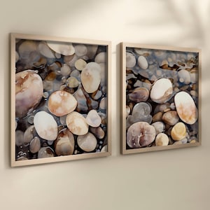 Zen Wall Art, River Rocks, Set of 2 Minimalist Modern Nature Wall Art, Nature Watercolor Beach Stones, Square Prints, Neutral Wall Art