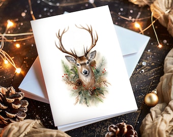 Watercolor Reindeer Christmas Card: Personalized Holiday Botanical Design