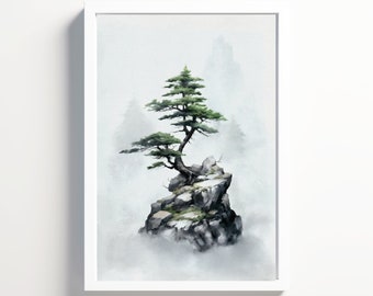 Japandi Pine Tree Print: Misty Mountain Bonsai, Zen Wall Art