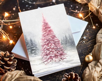 Personalized Christmas Card Set: Pink Winter Wonderland, Watercolor Holiday Note Cards