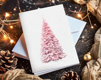 Pink Christmas Tree Card Set: Watercolor Holiday Greeting Cards