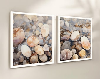 Zen Wall Art, River Rocks, Set of 2 Minimalist Modern Nature Wall Art, Nature Watercolor Beach Stones, Square Prints, Neutral Wall Art