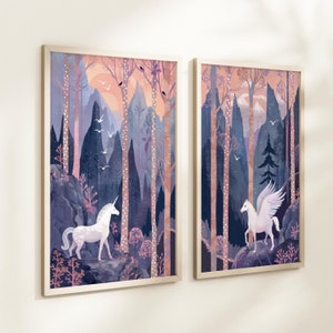May include: Two framed illustrations of a magical forest with a white unicorn and a white pegasus. The forest is depicted in shades of blue, purple, and pink with a whimsical feel.