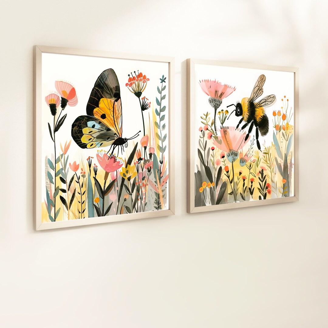 Wildflower Butterfly & Bumble Bee Nursery Prints: Boho Wall Art (set of ...