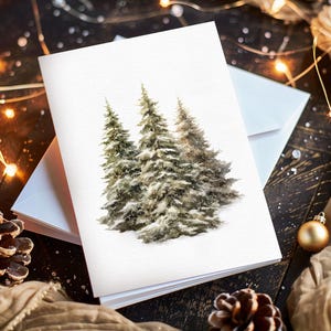 Paquete de tarjetas de Navidad personalizadas, conjunto de tarjetas de felicitación, vacaciones modernas, pinos nevados, árboles de hoja perenne, país de las maravillas invernal, tarjetas plegadas verticales