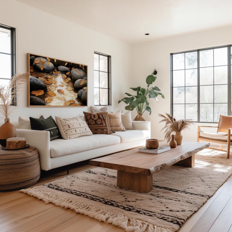 Fall Decor Leaf Print, Autumn River Watercolor, Modern Farmhouse