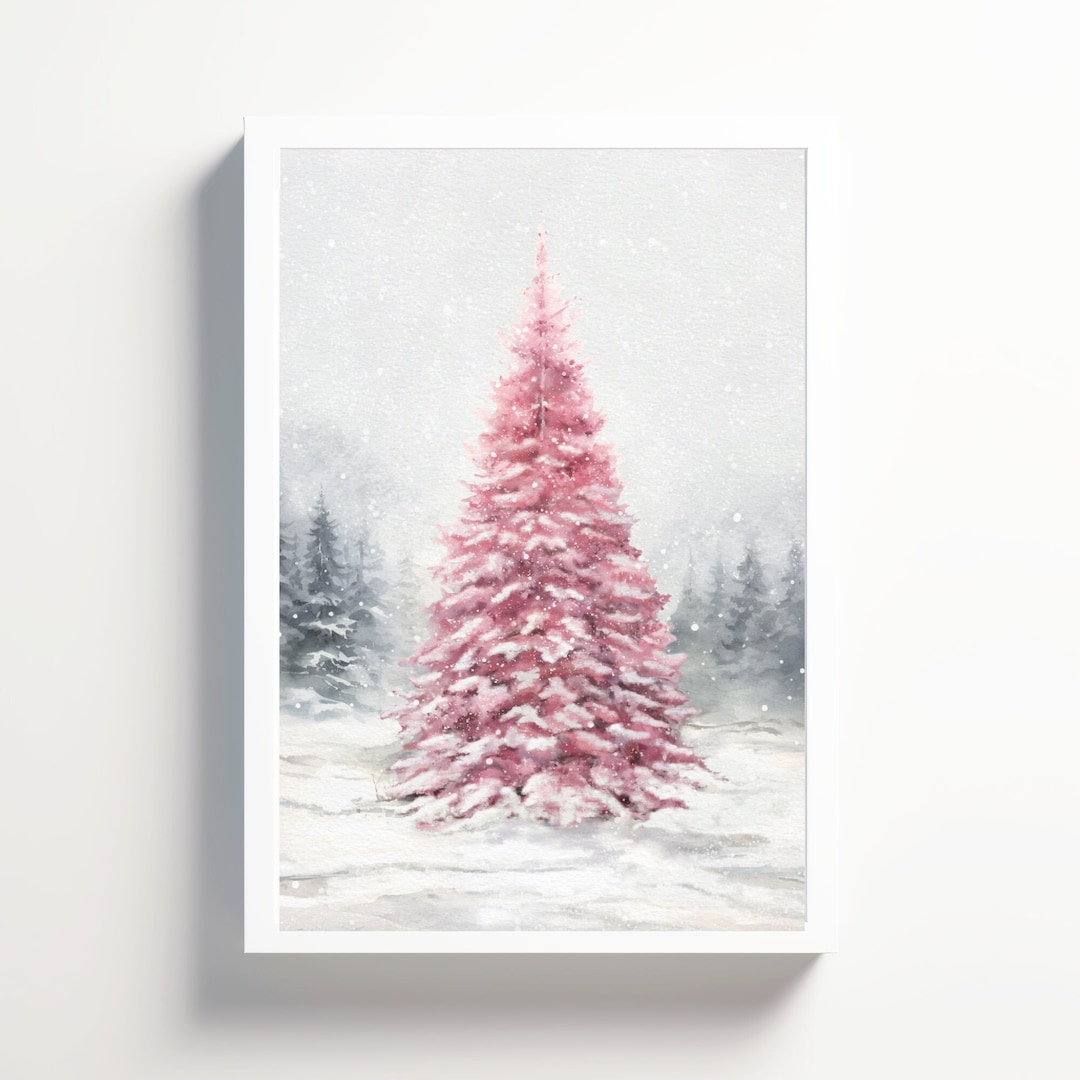 Pink Christmas Tree Watercolor Print: Vintage Winter Wonderland Art - Etsy