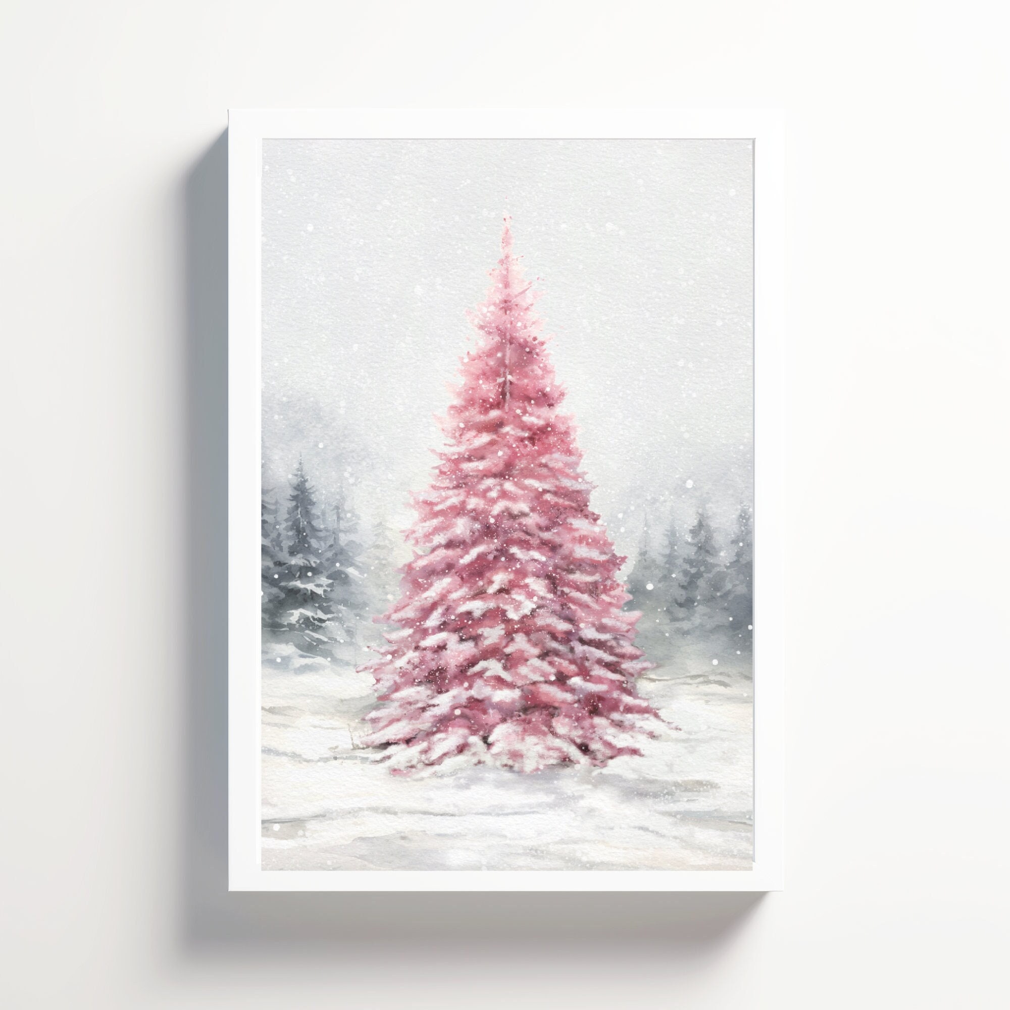 Pink Christmas Tree Watercolor Print, Pink Winter Wonderland, Pink