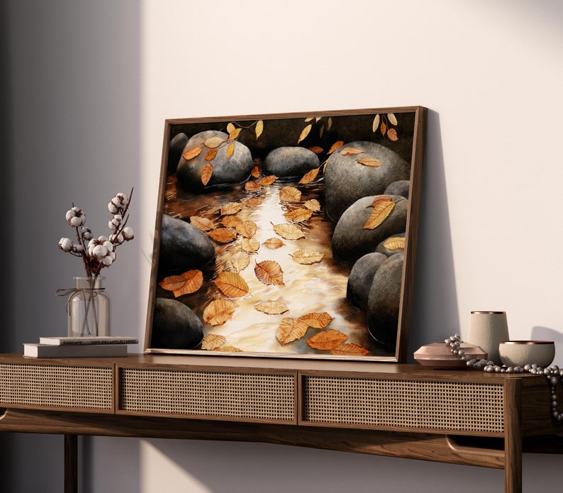 Fall Decor Leaf Print, Autumn River Watercolor, Modern Farmhouse